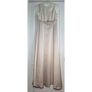 Jessica McClintock Vintage Satin Formal Cream Beige Jewel Long Evening Gown Sz 8